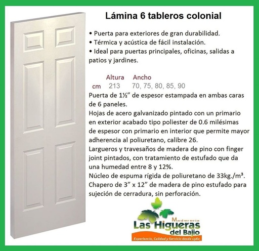 [PLACO6T75] PUERTA LAMINA 75CM COLONIAL 6TAB. 75X2.13